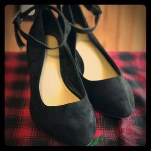 Black ankle strap wedges for size 9 wide